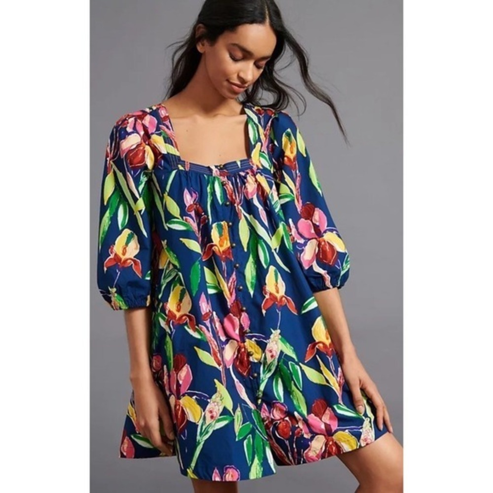 Anthropologie Maeve Dress L Tabitha‎ Floral Swing Tunic Buttons Spring Easter